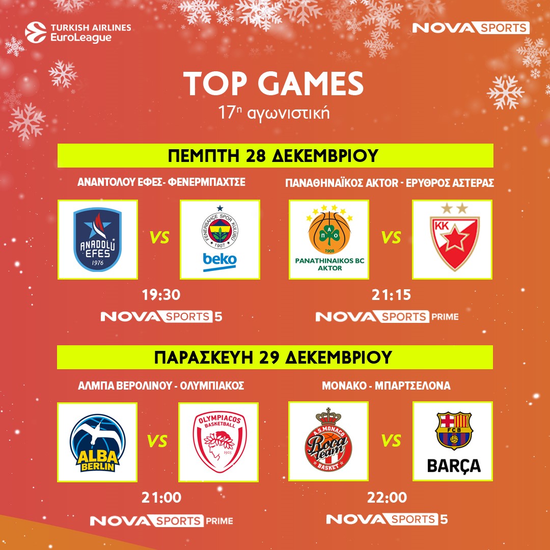 Novasports: Αποχαιρετά το 2023 με εορταστικό συναρπαστικό θέαμα με EuroLeague και Oλυμπιακό & Παναθηναϊκό ΑKTOR, EuroCup με Άρη καθώς και πανδαισία στην Premier League!