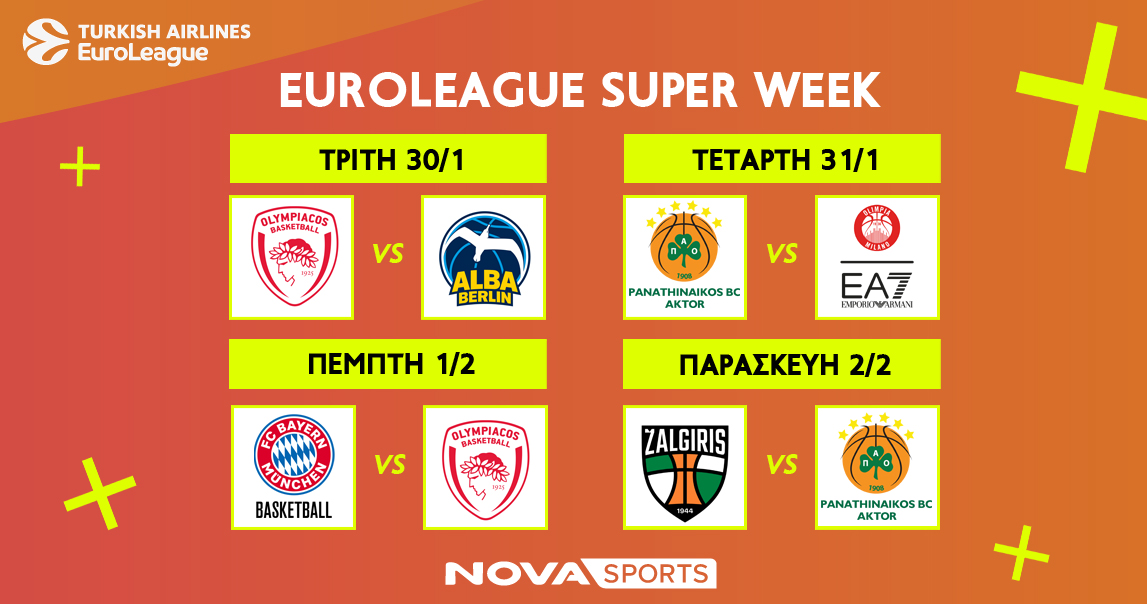 Αυτή η σεζόν δεν χάνεται στην EuroLeague με «διαβολοβδομάδα»…Νο7 και τις «μάχες» Ολυμπιακού & Παναθηναϊκού AKTOR, EuroCup με Άρη, NCAA και The Skweek show by Tony Parker στο Novasports!