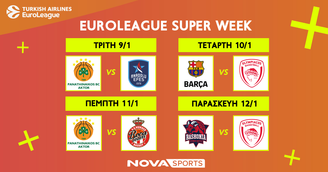 Αυτή η σεζόν δεν χάνεται στην EuroLeague με «διαβολοβδομάδα»…Νο6 και τις «μάχες» Ολυμπιακού & Παναθηναϊκού AKTOR, EuroCup με Άρη και  The Skweek show by Tony Parker στο Novasports!
